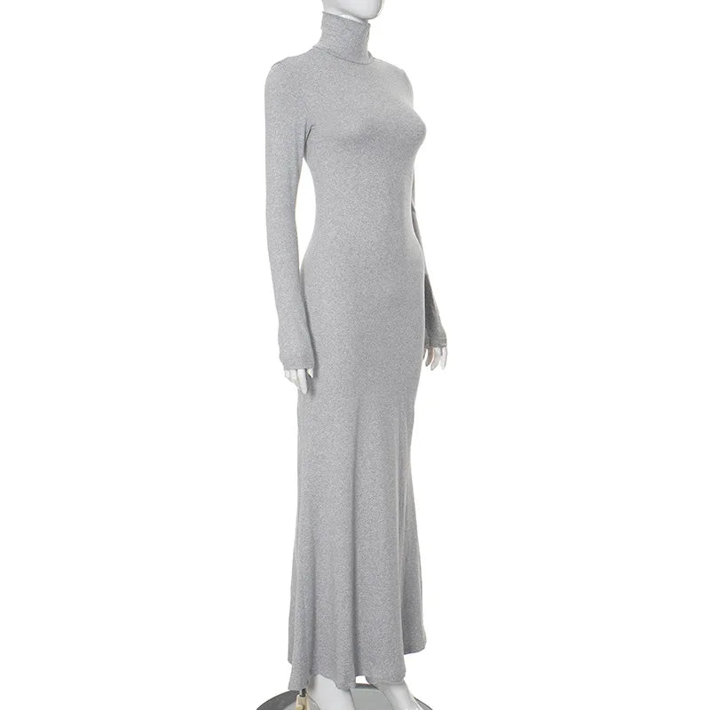 Cryptographic Fall Winter Turtleneck Elegant Long Sleeve Maxi Dress Outfits for Women Casual Fashion Bodycon Dresses Vestido