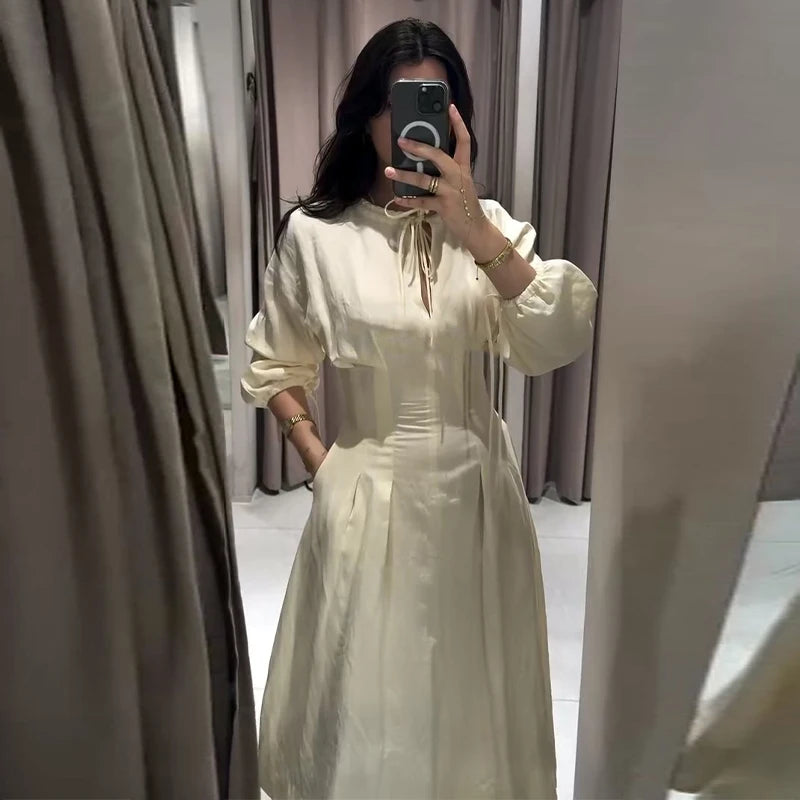 Lace Up Pleated Lantern Sleeve Midi Dress for Women