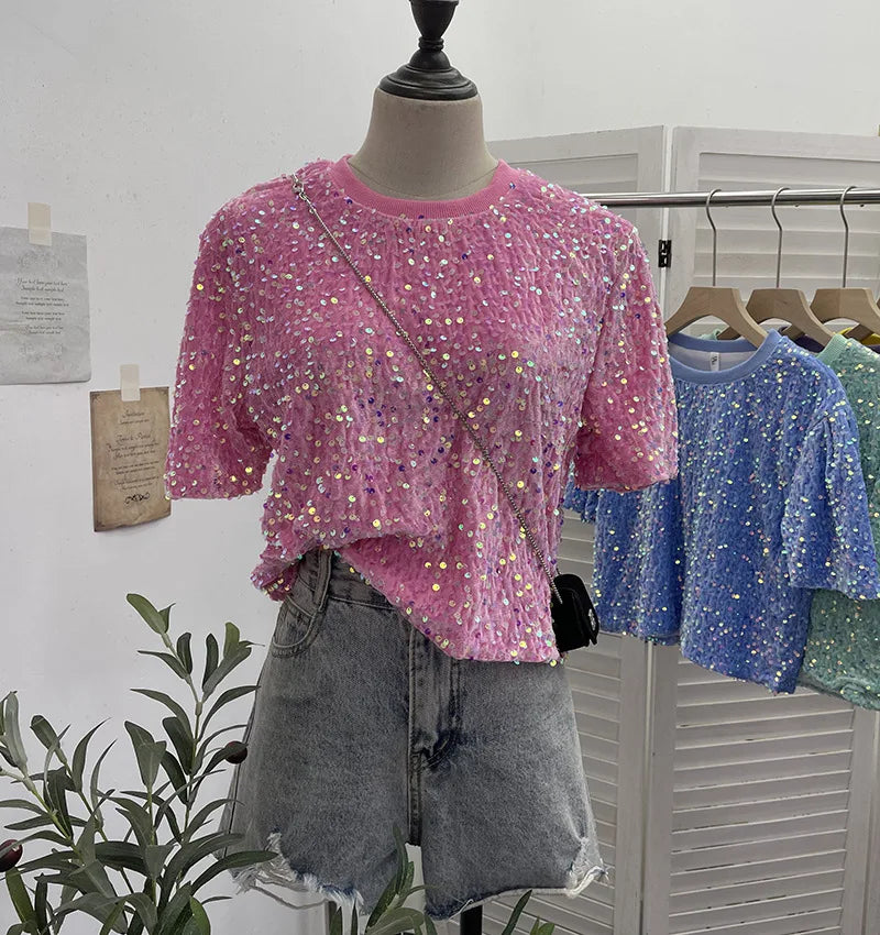 Spicy Girl Pink Sequins Short Sleeve T-shirt Round Neck Slimming Crop Top Blingbling Sexy Nightclub Multi Color Casual Tees