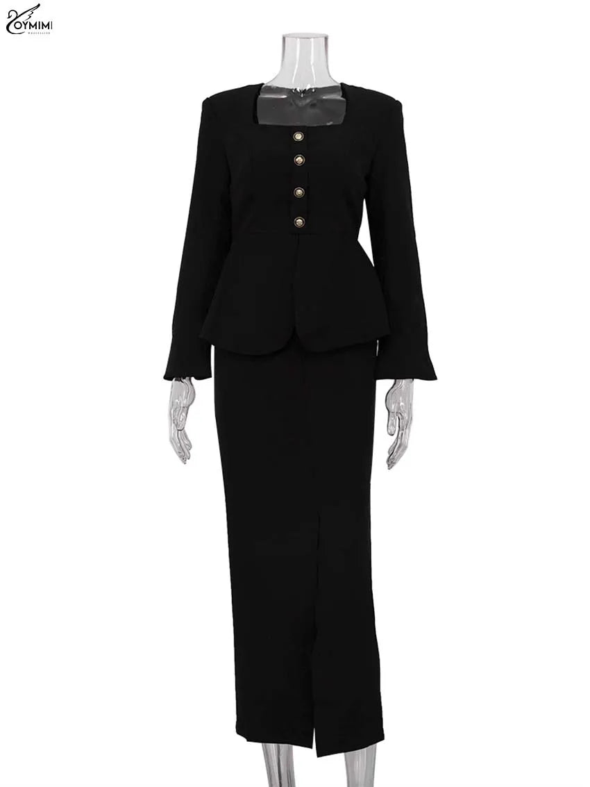Oymimi Elegant Black Woman 2 Piece Set Outfit Fashion Square Neck Long Sleeve Button Shirts And Straight Ankle-Length Skirts Set