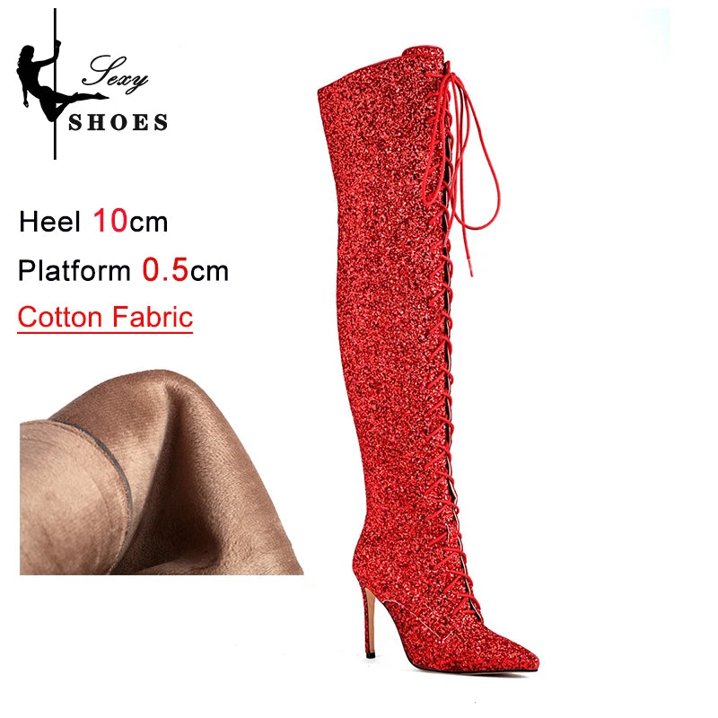 Shiny Sequined Over The Knee High Heel Boots for Women