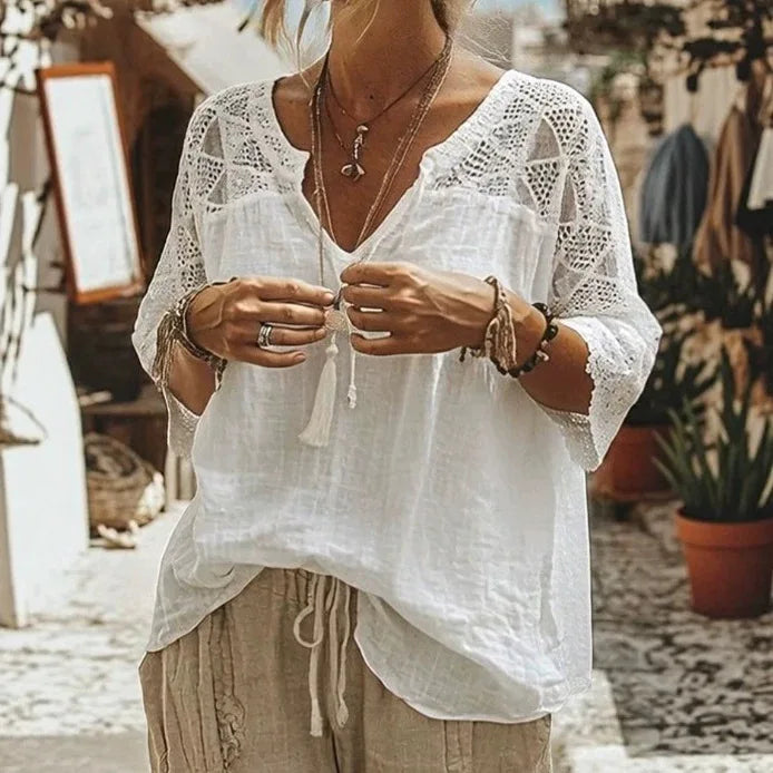 V-Neck Solid Three-Quarter Sleeve Loose Casual Tee for Women