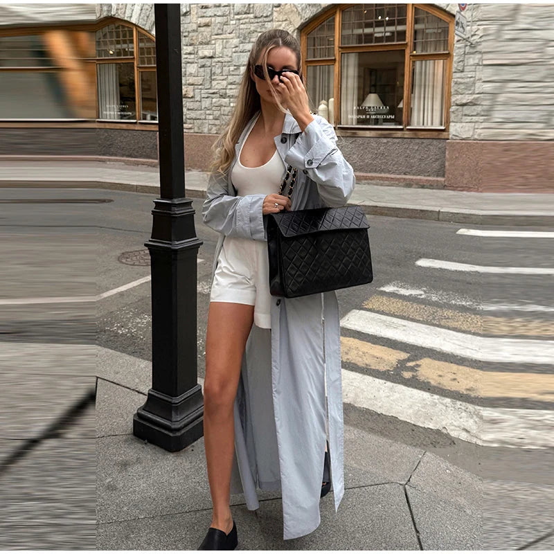 Lapel Collar Button Front Long Trench Coat With Waist Belt for Women