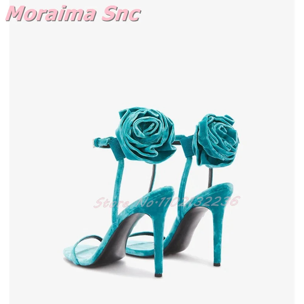 Decorative Floral Velvet Ankle Strap Sandals For Women
