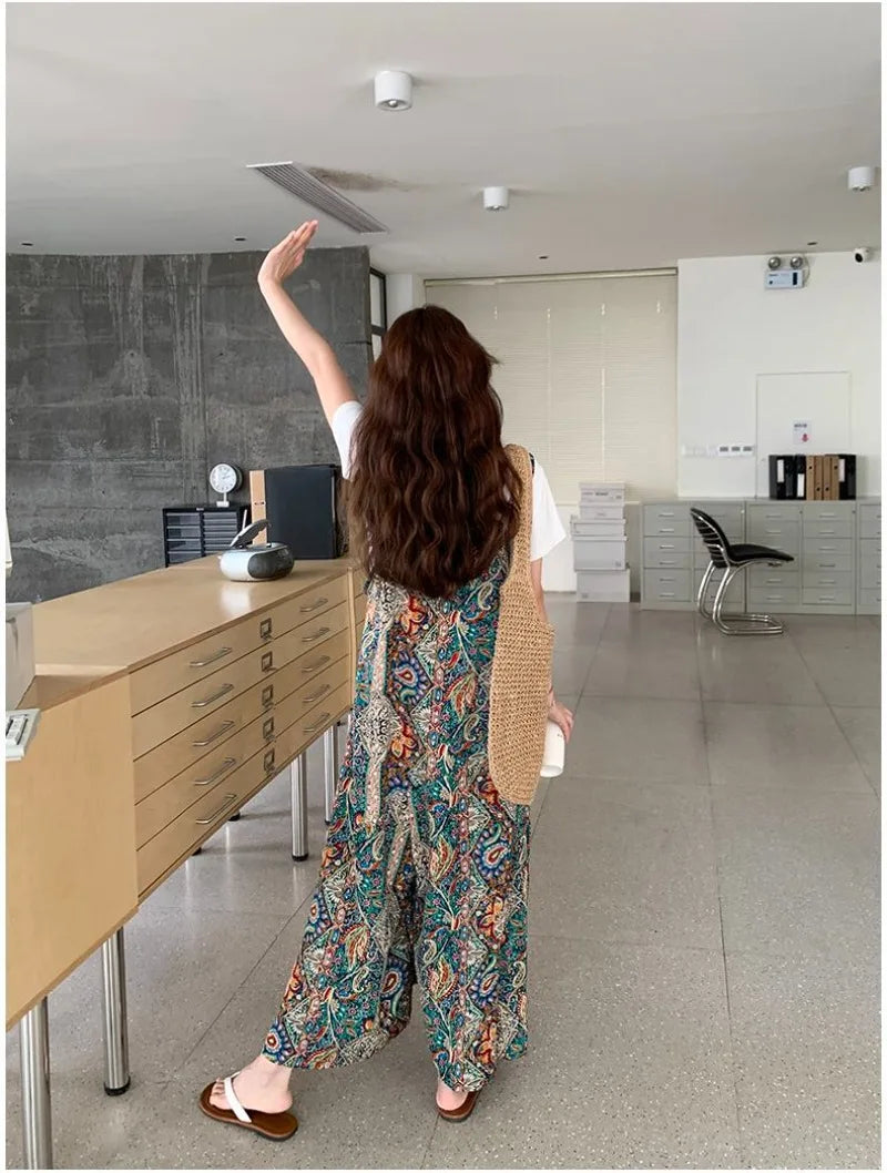 Vintage Bohemian Printed Wide Leg Casual Jumpsuit For Women