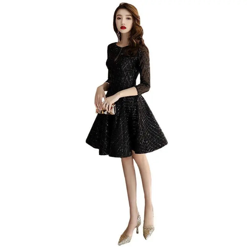 Black O-Neck Mid-Calf Evening Dress With Tatting For Women