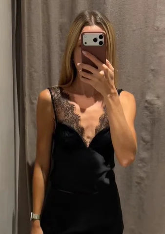 See Through V Neck Lace Patchwork Satin Vest