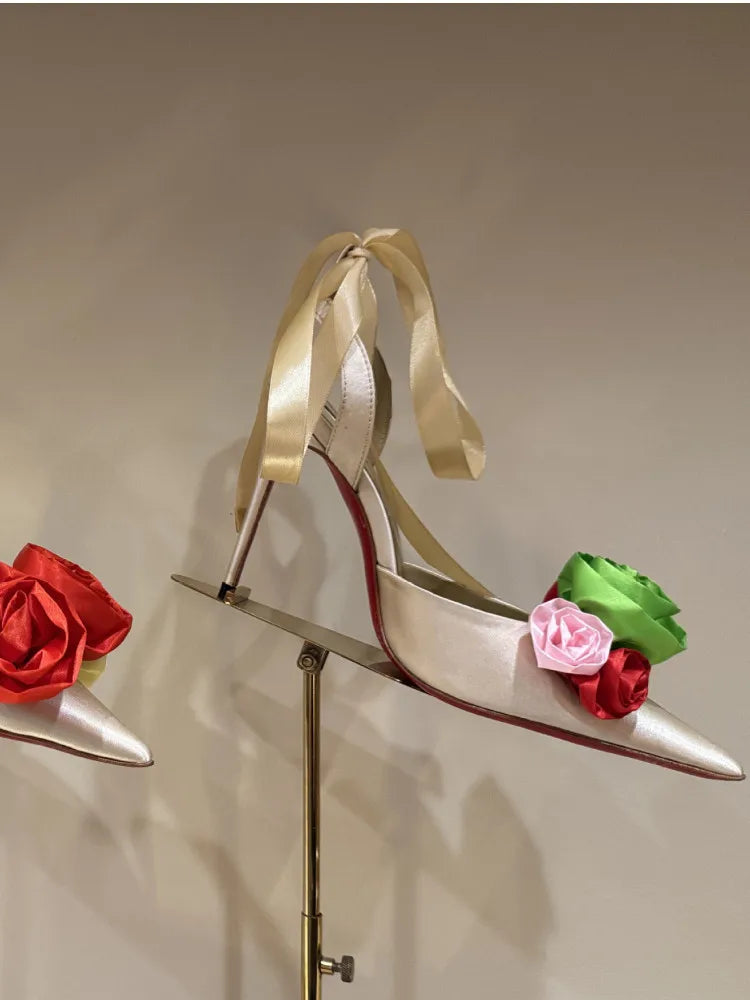 Rose Flower Pointed Toe High Heel Sandals for Women