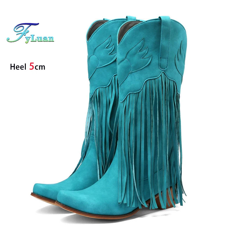 Retro Western Style Mid Calf Boots With Block Heel Tassels For Women