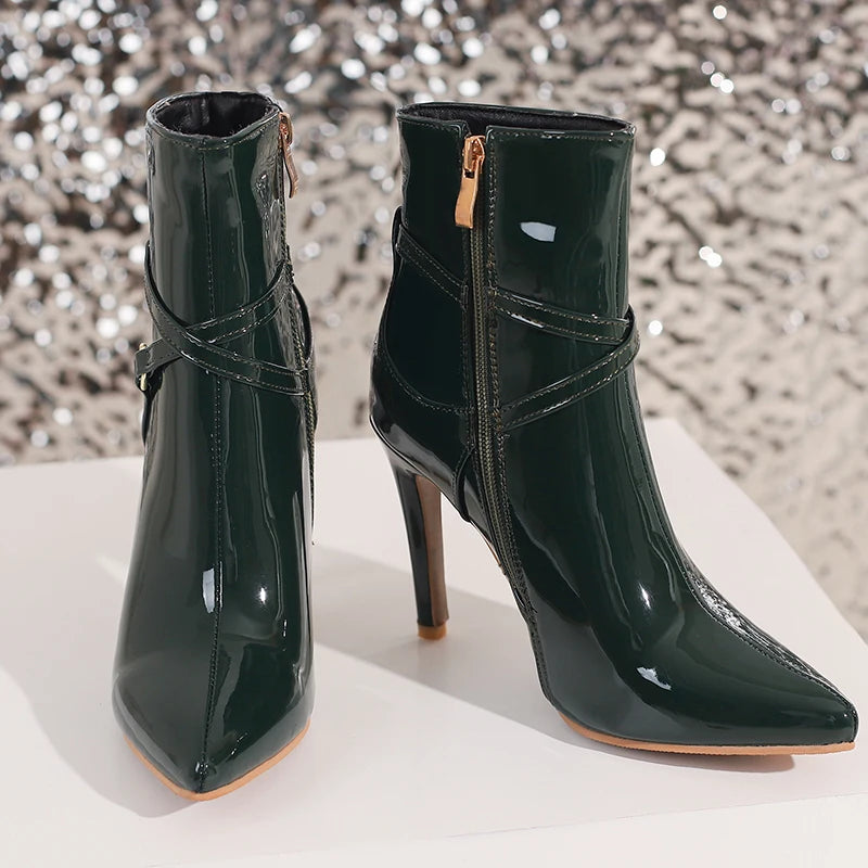 Glossy Patent Leather Pointed Toe Stiletto Ankle Boots for Women