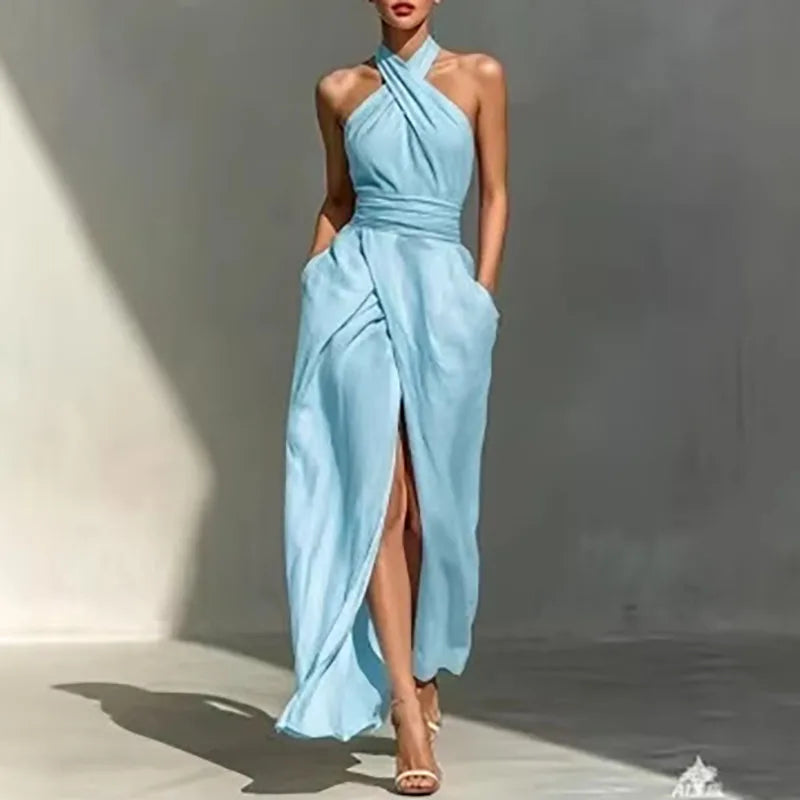 Criss Cross Halter Ruched Slit Maxi Dress for Women