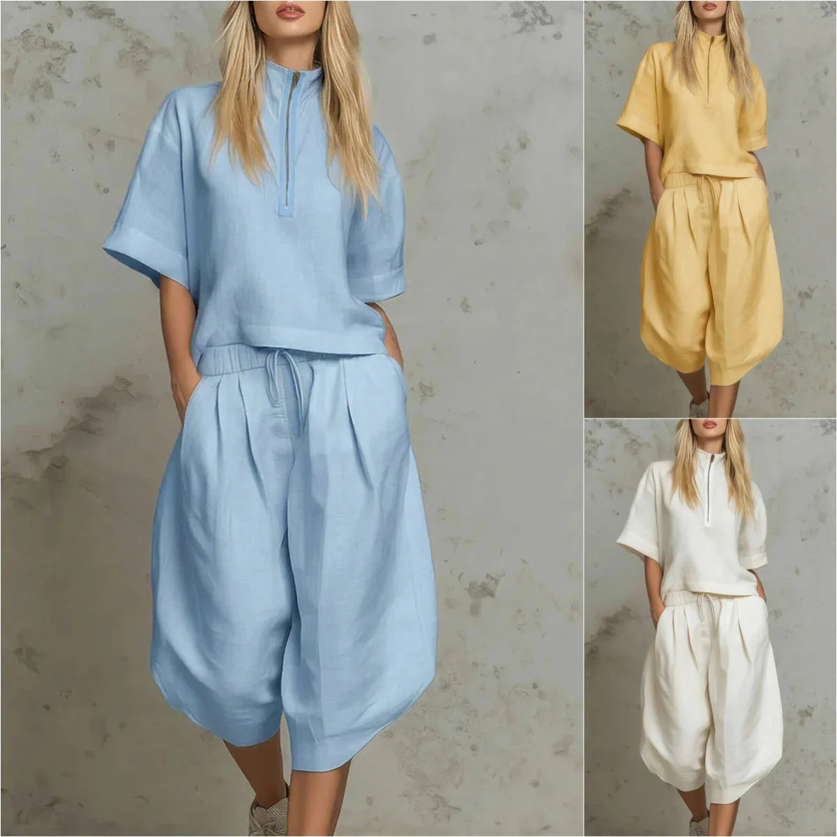 Casual Summer Zipper Neck Two Piece Shorts Set for Women