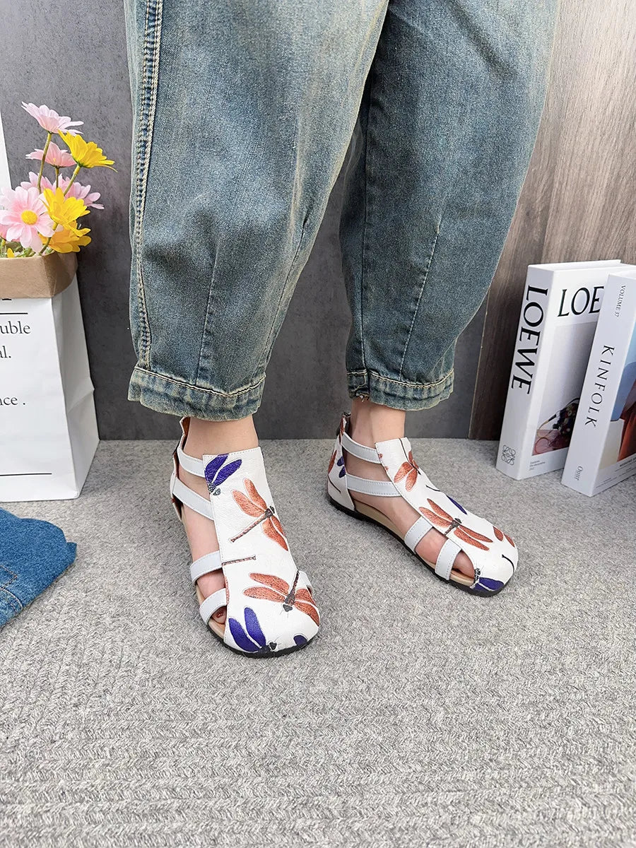 Flat Printed Genuine Leather Roman Sandals for Women