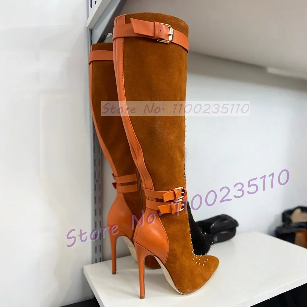 Crystal Embellished Pointed Toe Knee High Boots For Women