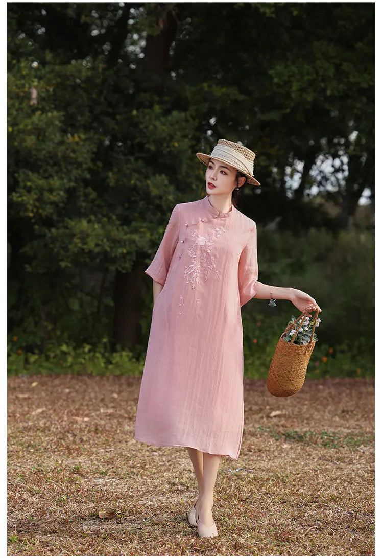 Elegant Floral Embroidered Ramie + Cheongsam Dress + for Women