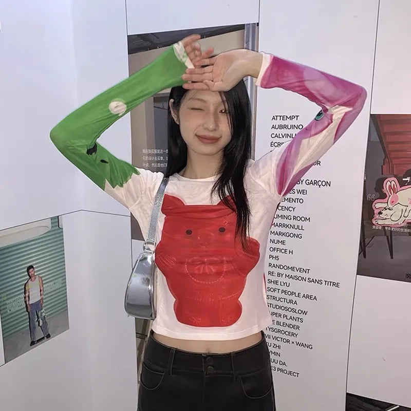 Karrram Y2k Aesthetics Mesh Tops Japanese Harajuku Cartoon Print T-shirt 2000s Vintage Cute T Shirt Korean Style Dopamine Tops