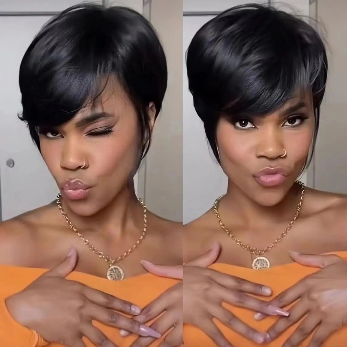 Natural Black Brazilian Human Hair Pixie Cut Wig With Bangs for Women