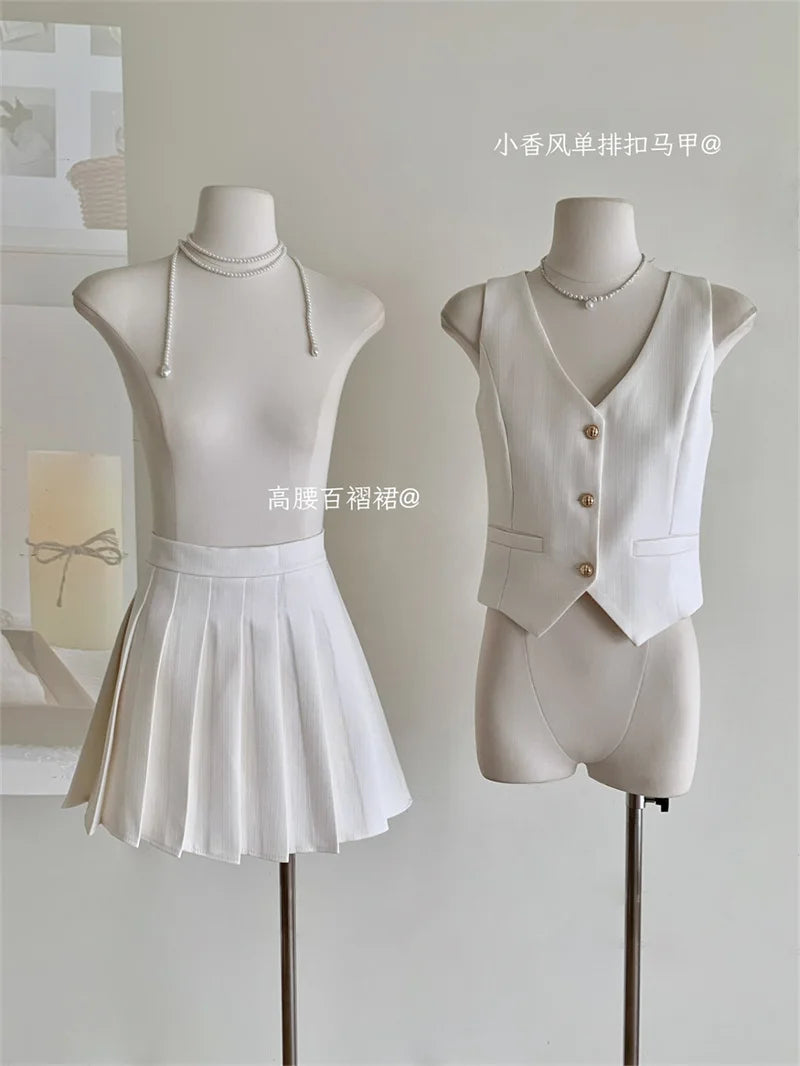 Elegant High Waist Pleated Skirt And Vest Set For Women