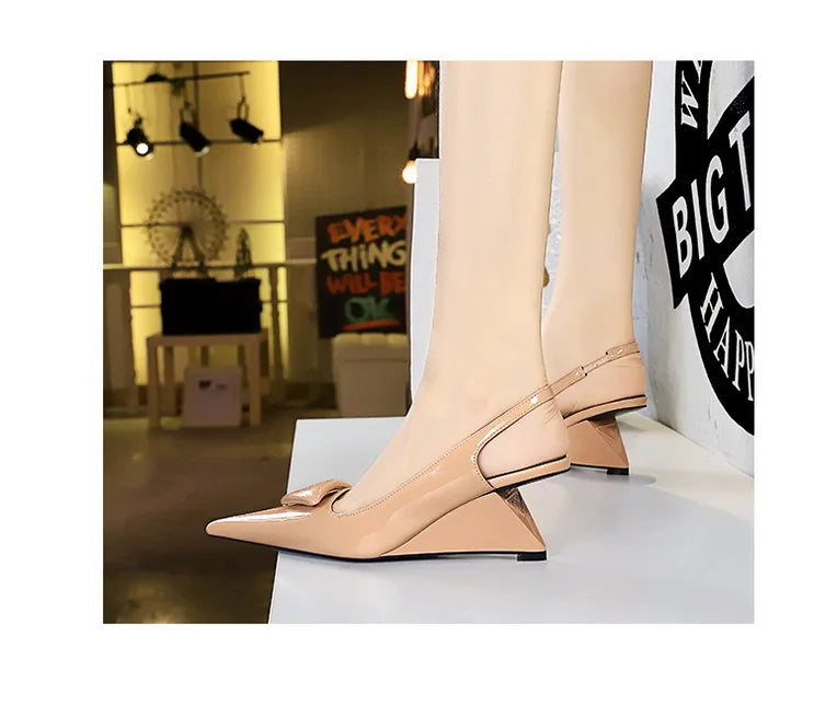 Patent Leather Wedge Heel Pumps With Back Strap for Women