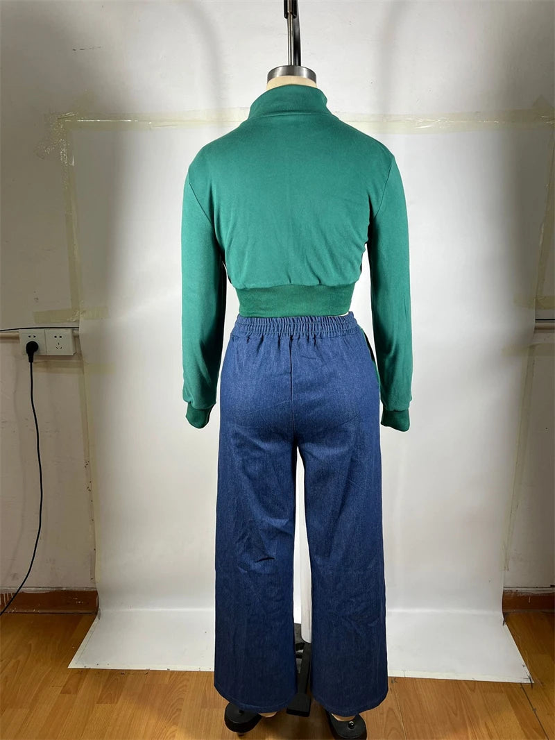 Colorblock Zip Top And Patchwork Pants Set for Women