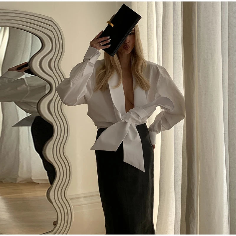 Elegant Bow Detail Pleated Long Sleeve V Neck Blouse for Women
