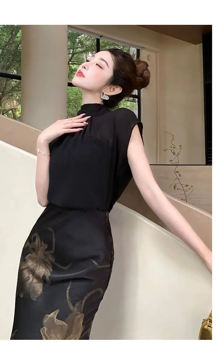 Chiffon Stand Collar Black Three Piece Set for Women