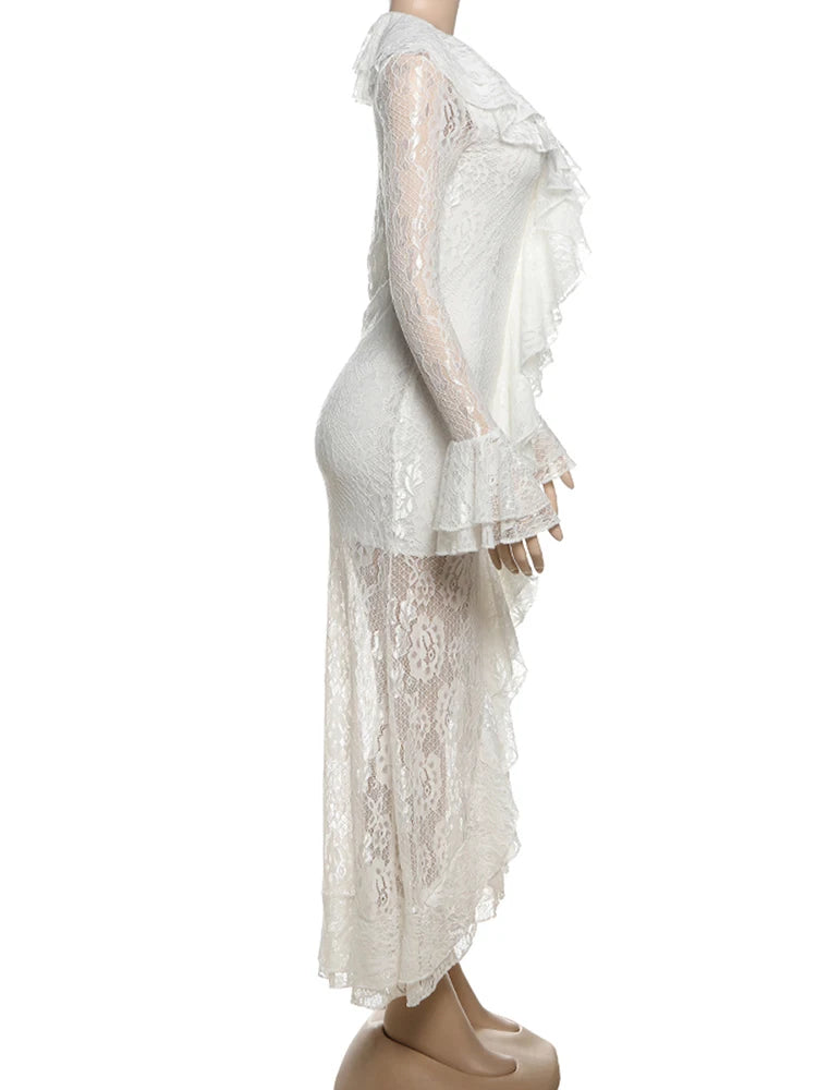 Cutenew Lace Stacked Women Maxi Dresses Romantic French Full Sleeve Ruffle Neck Split Bodycon Female Sexy Sheer Trend Vestidos