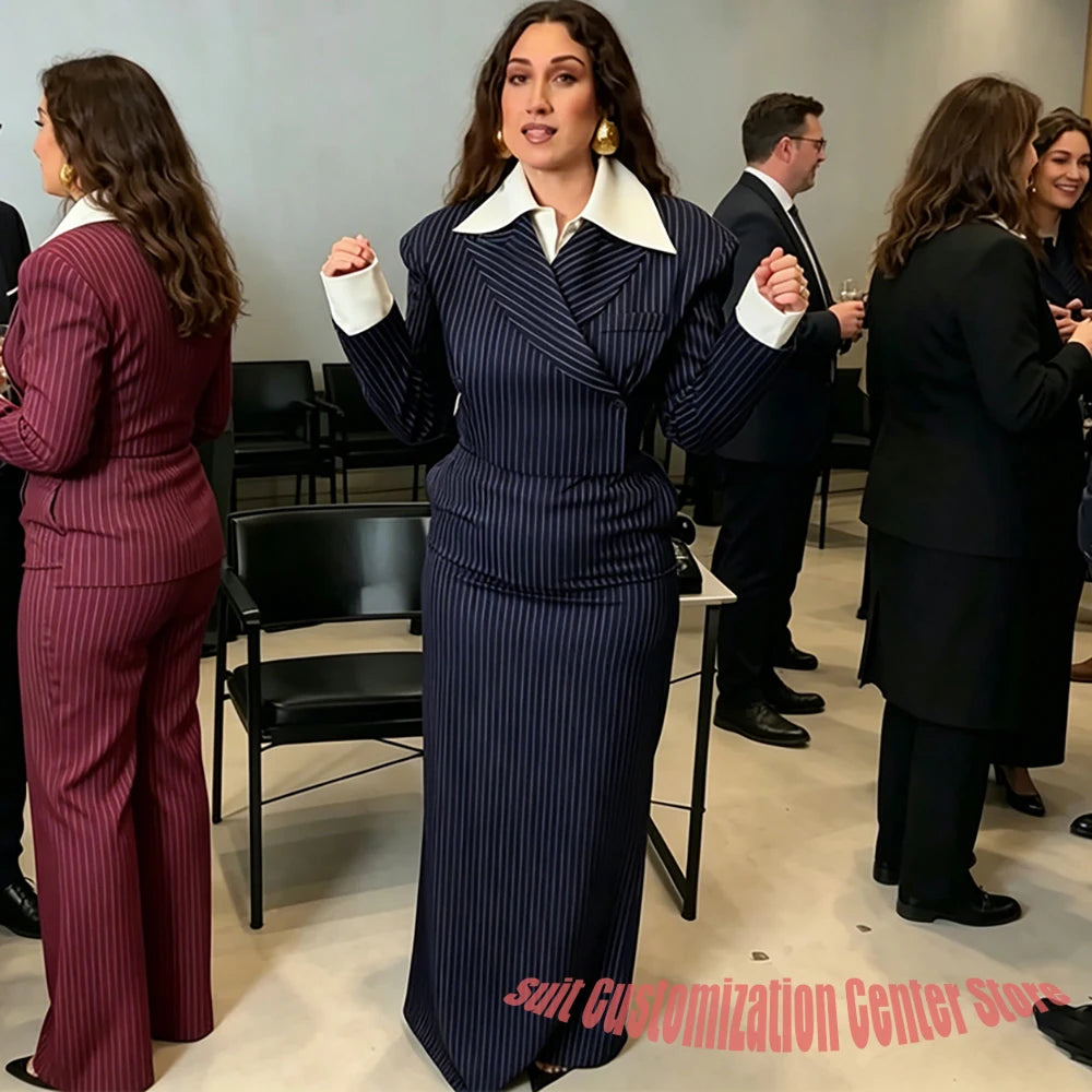 Navy Pinstripe Single Breasted Blazer Skirt Set for Women