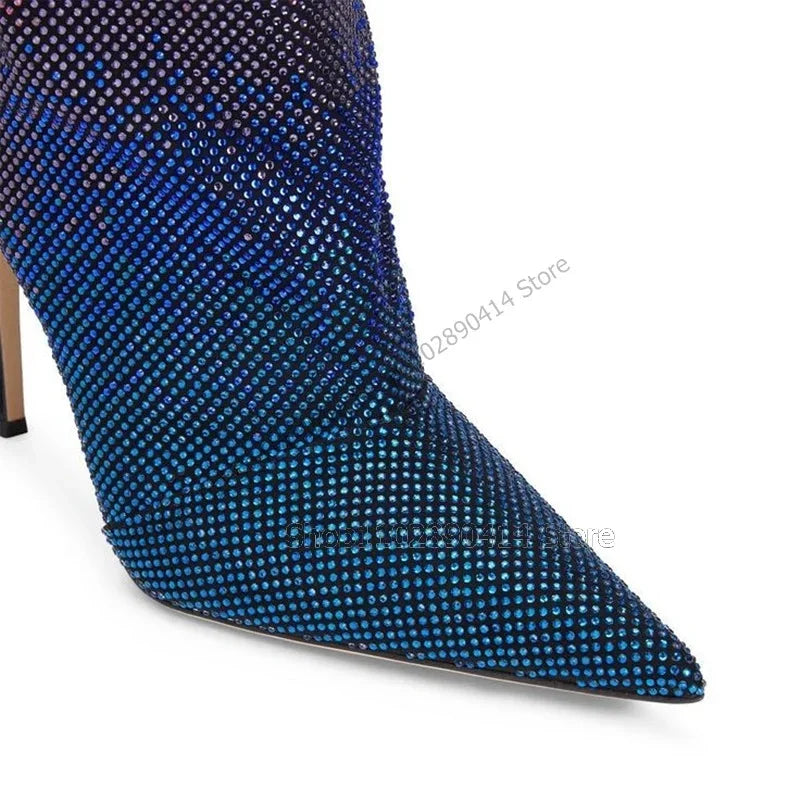 Colorful Crystal Pointed Toe Knee High Stiletto Boots for Women