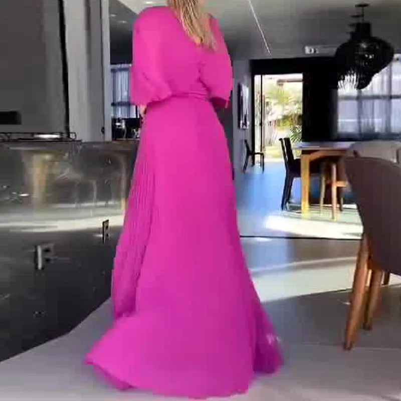Solid Color V-Neck Bat-Sleeve High-Waisted Dress for Women