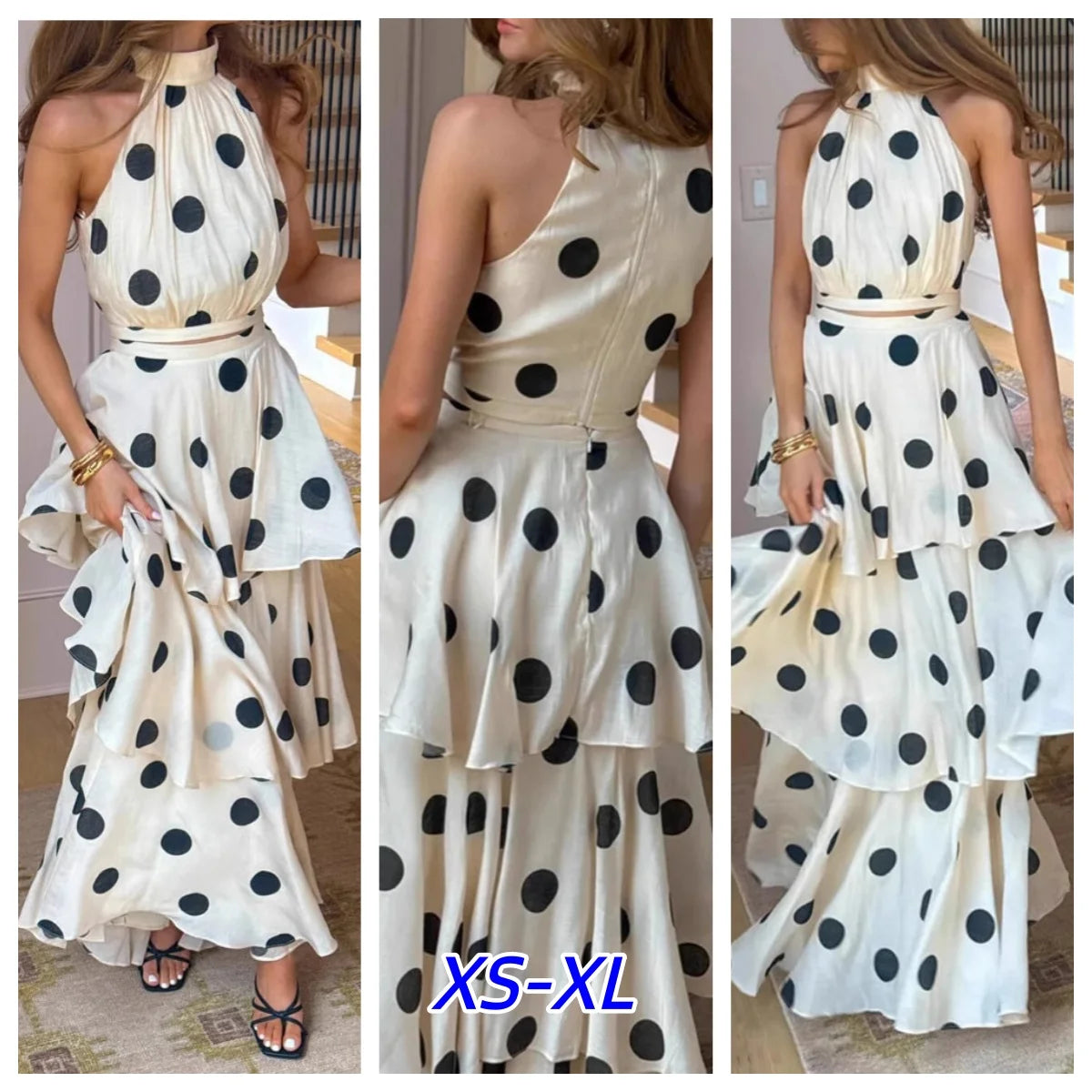 Polka Dot Sleeveless Pleated Two Piece Dress Set for Women