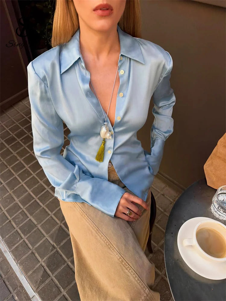 Slim Fit Satin Long Sleeve Button-Up Blouse for Women