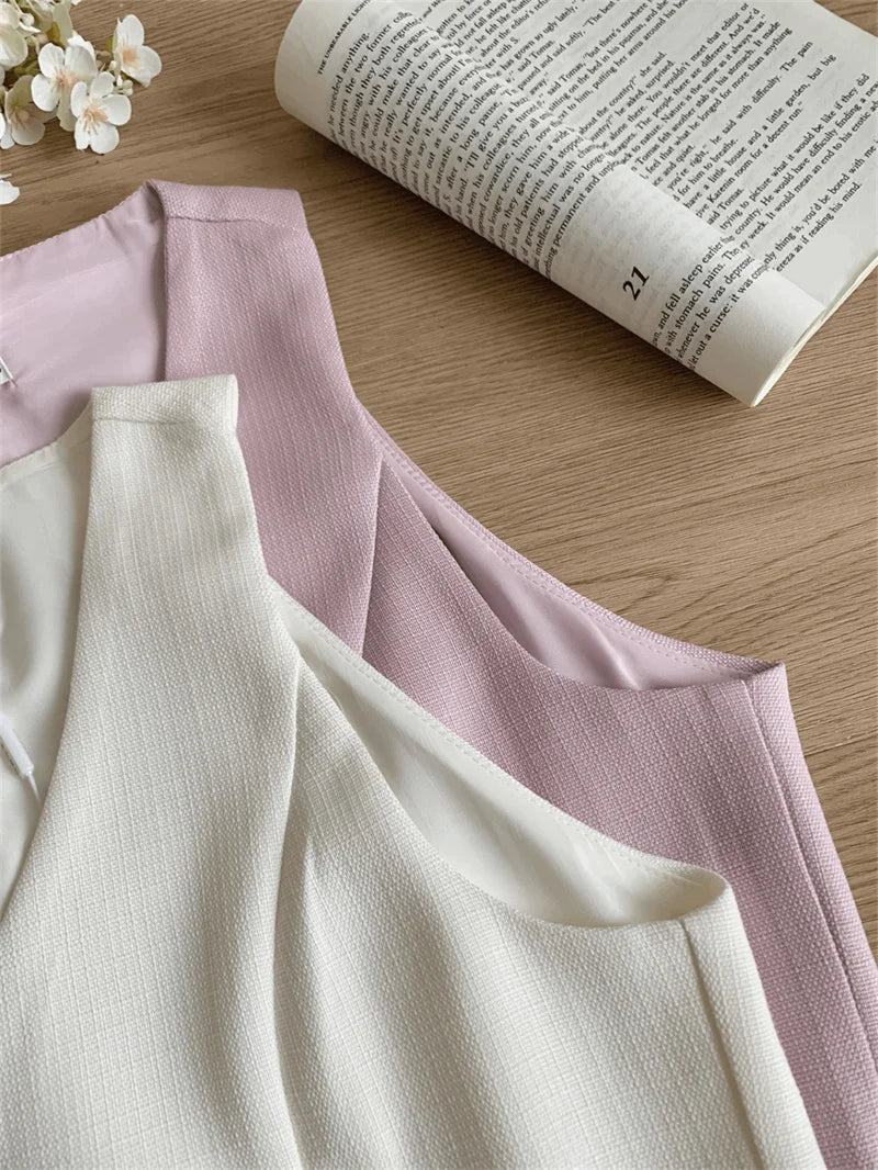 Elegant High Waist Pleated Skirt And Vest Set For Women