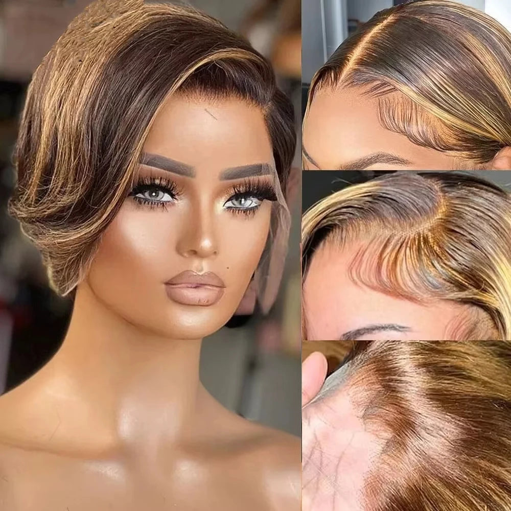 Highlight Straight Pixie Cut Lace Front Human Hair Bob Wig for Women