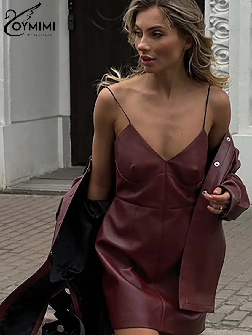 Oymimi Fashion Wine Red Pu Leather Women's Two Pieces Set Elegant Long Sleeve Button Shirts And Spaghetti Strap Mini Dress Sets