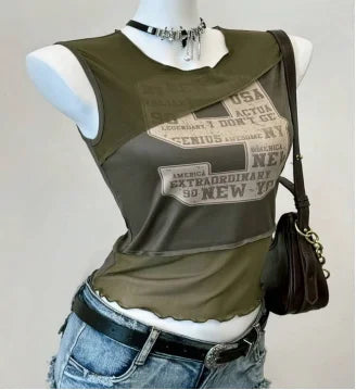 Korean summer new hot girl style 90s retro print niche y2k versatile design rock punk splicing mesh slim sleeveless T-shirt