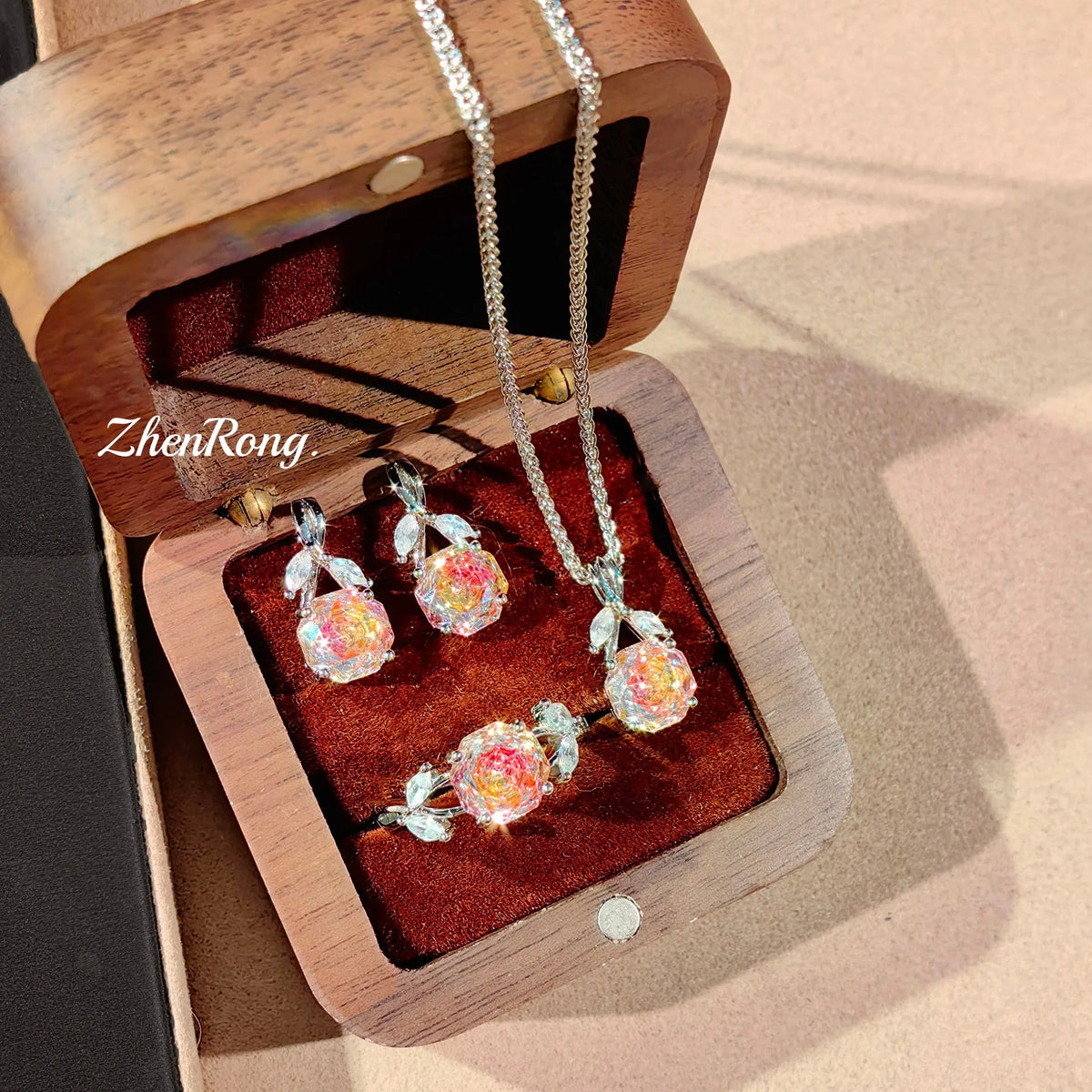 Rose Flower Cubic Zirconia Pendant Jewelry Set for Women