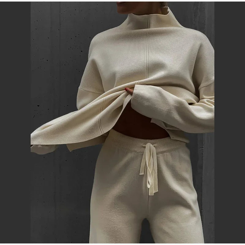 Solid Turtleneck Sweatshirt Set With Wide Leg Pants for Women