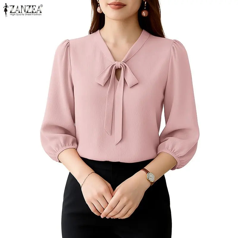Crinkled Bow Tie Neck Puff Sleeve Blouse for Women