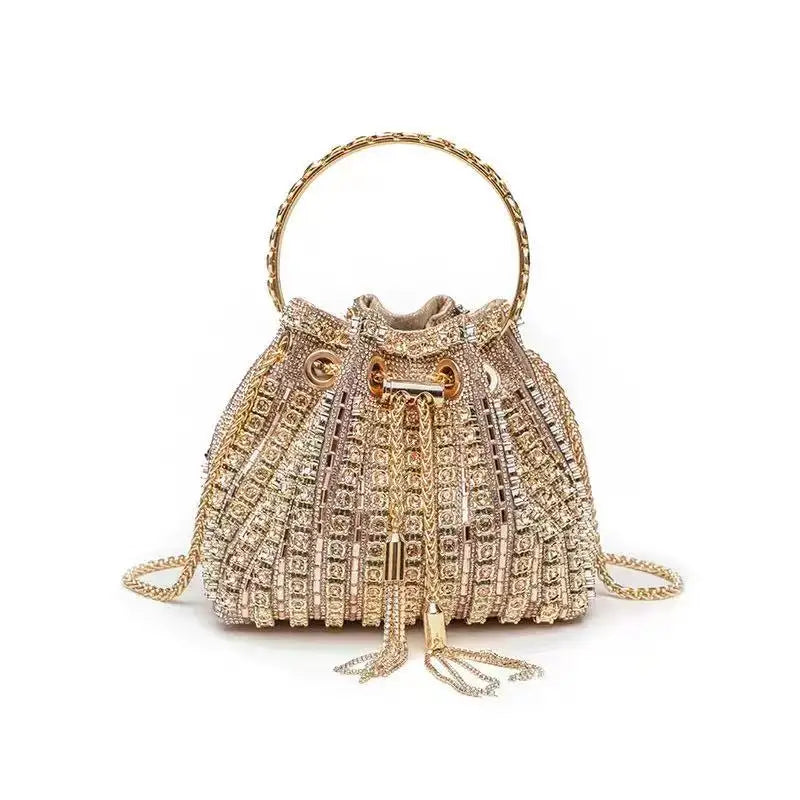 Crystal Shiny Diamonds Bucket Bag Fashion Women Handbag Metal Ring Handle Evening Bag Wedding Party Clutch Purse Crossbody Bag