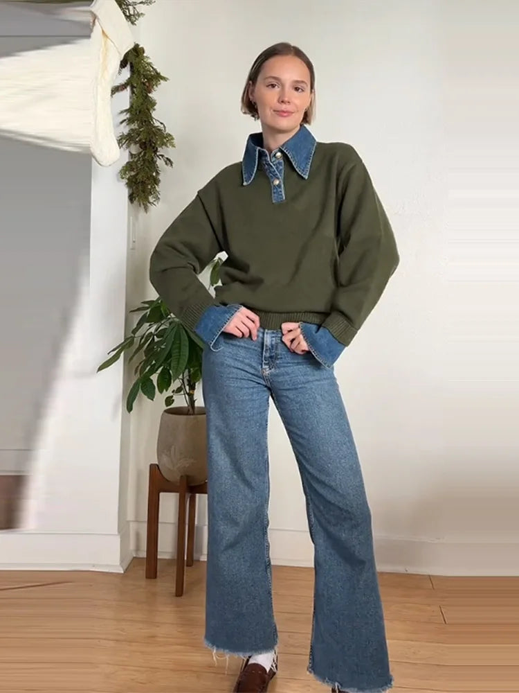 Long Sleeve Denim Collar Half Button Knit Top For Women