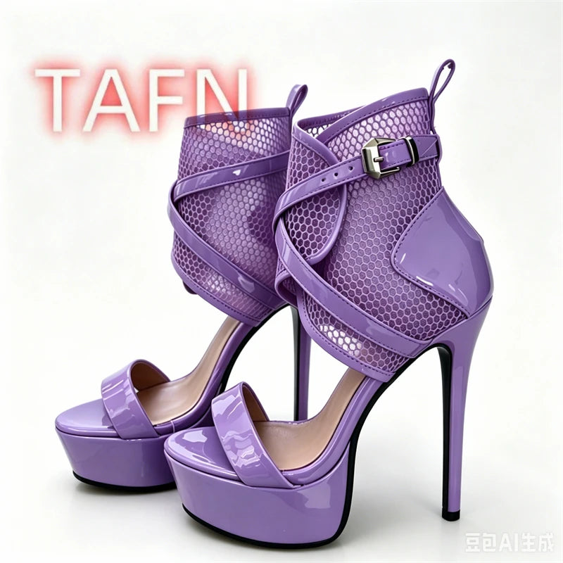 Peep Toe Mesh Caged Sandals With Patent Leather Platform Plus Size for Women