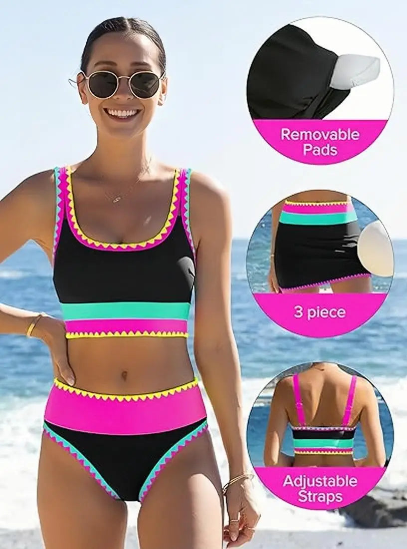 Women's Bikinis And Tankinis High Waist Color-blocked Zigzag Swimsuit 2026 Three Piece Cover-ups Bikini Beach Vacation Swimwear