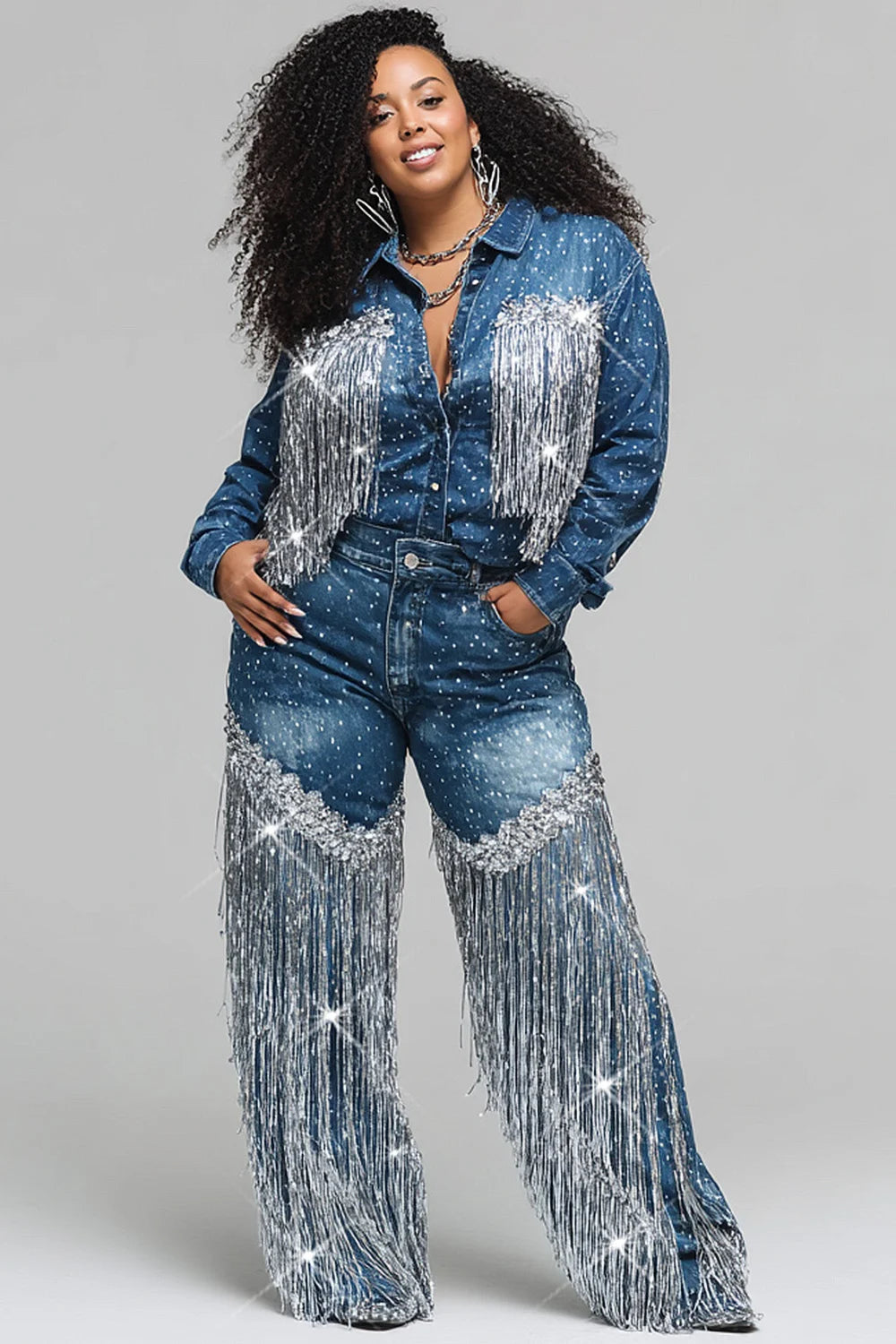Plus Size Festival Blue Long Sleeve Shirt Collar Denim Jacket for Women