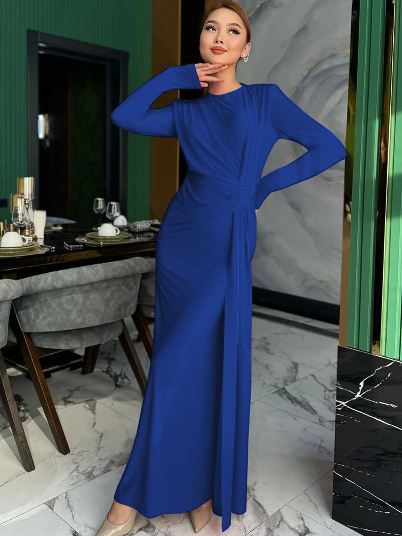 Elegant Ruched Long Sleeve Pleated Maxi Dress for Women