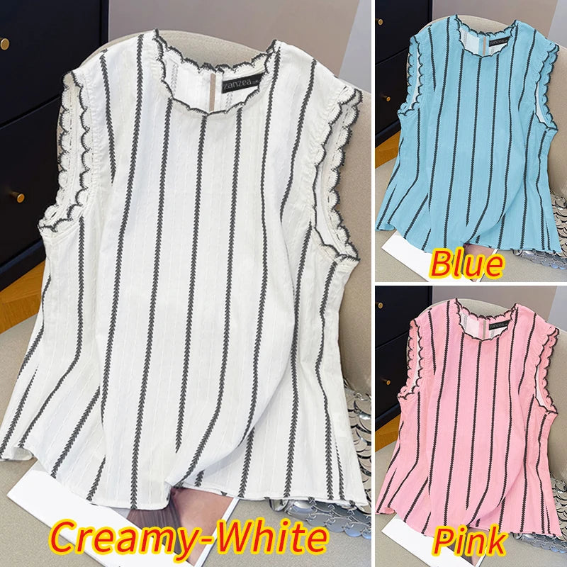 ZANZEA Women Fashion Striped Tanks Elegant Lace Trim Round Neck Sleeveless Tops 2025 Summer Lightweight Casual Tank Tops