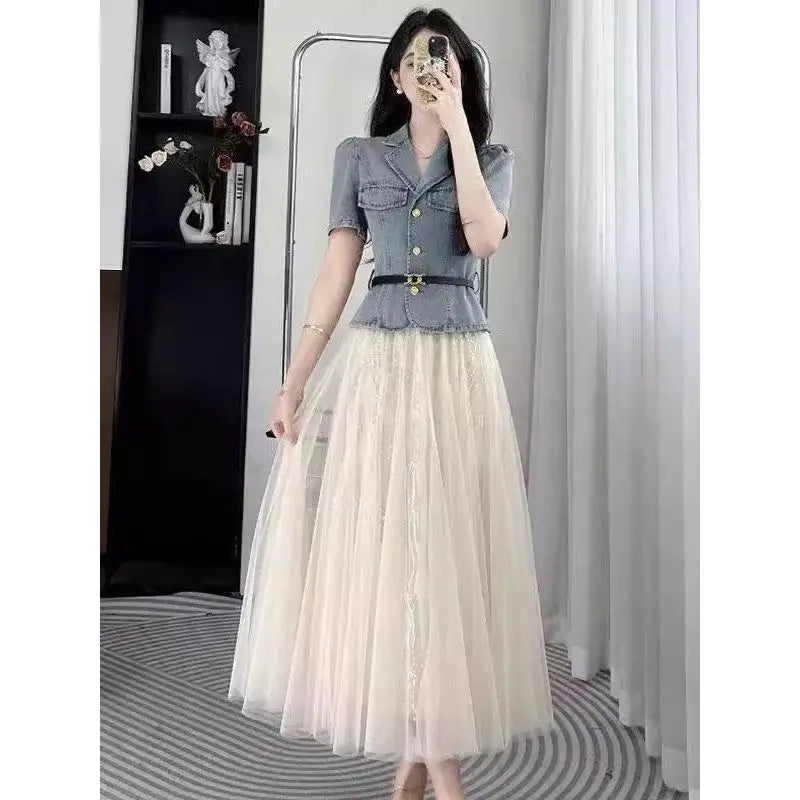 Slim Waist Denim Jacket and Mesh Skirt Two Piece Set for Women