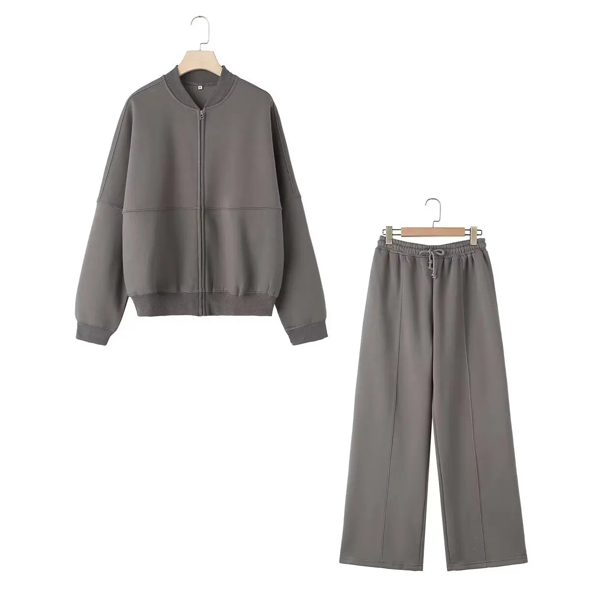 Retro Zipper Bomber Jacket and Velvet Pants Two Piece Set for Women