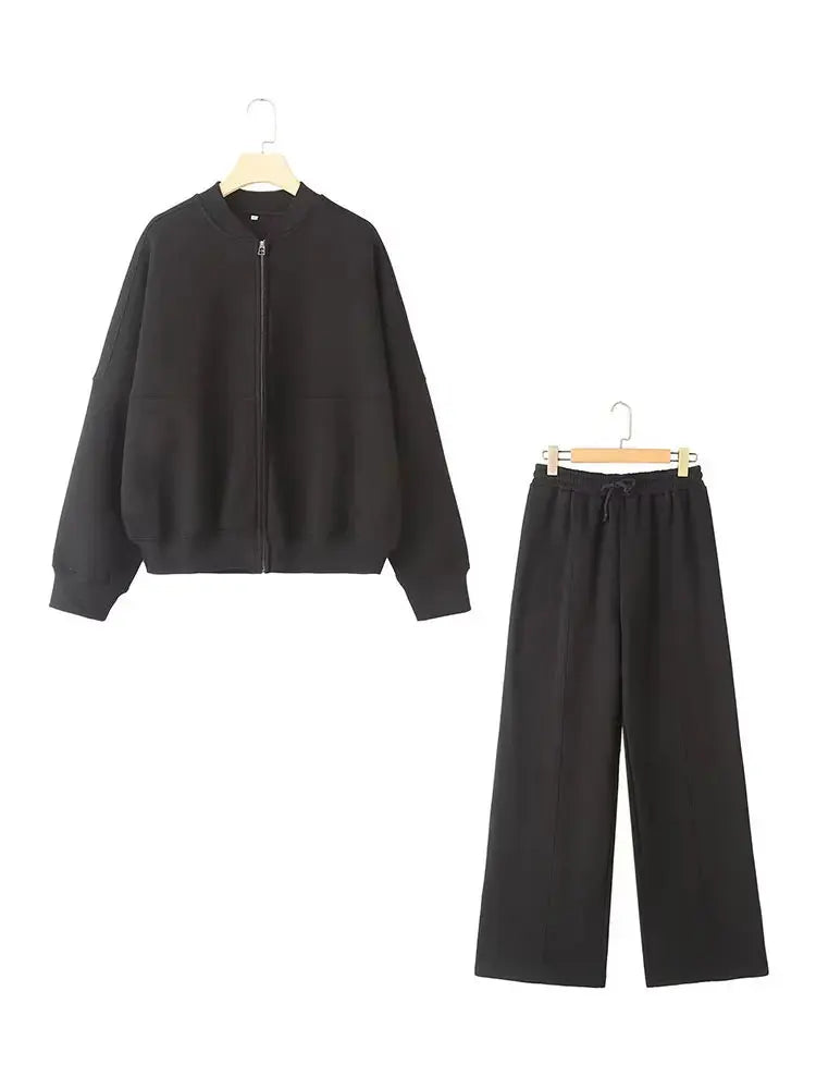 Retro Zipper Bomber Jacket and Velvet Pants Two Piece Set for Women