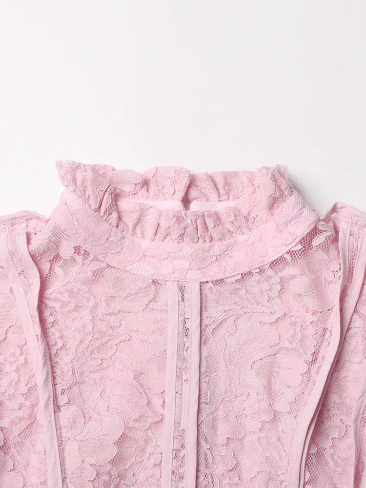 TWOTWINSTYLE Patchwork Lace Slimming Dresses For Women Stand Collar Flare Sleeve High Waist Solid Elegant Dress Female Fashion